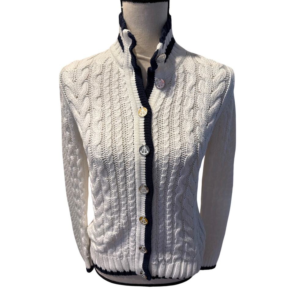 ⭐️ Women Brooks Brothers White Cable Knit Cardigan Sweater Size Medium Nautical
